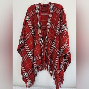 V. Fraas Tartans Plaid Fringed Poncho Autumn Scarf Outdoor Coverup Red Blanket